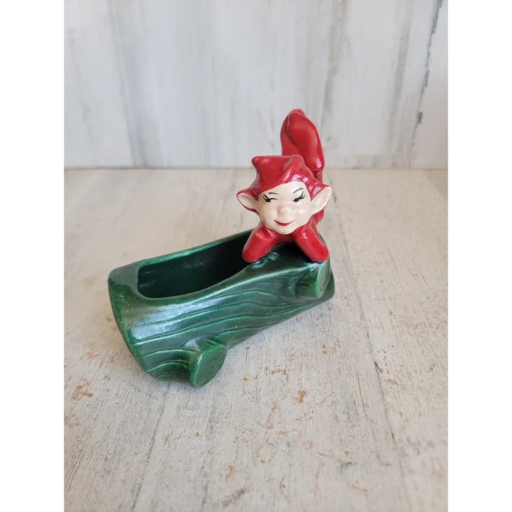 Vintage pixie elf log ceramic planter Xmas home decor art forest figure